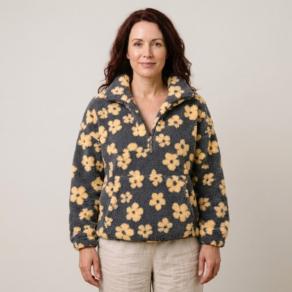 Women's Floral Teddy Fleece Half Zip Pullover — Oversized Borg Jumper