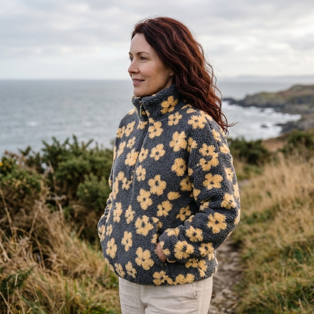 Women's Floral Teddy Fleece Half Zip Pullover — Oversized Borg Jumper