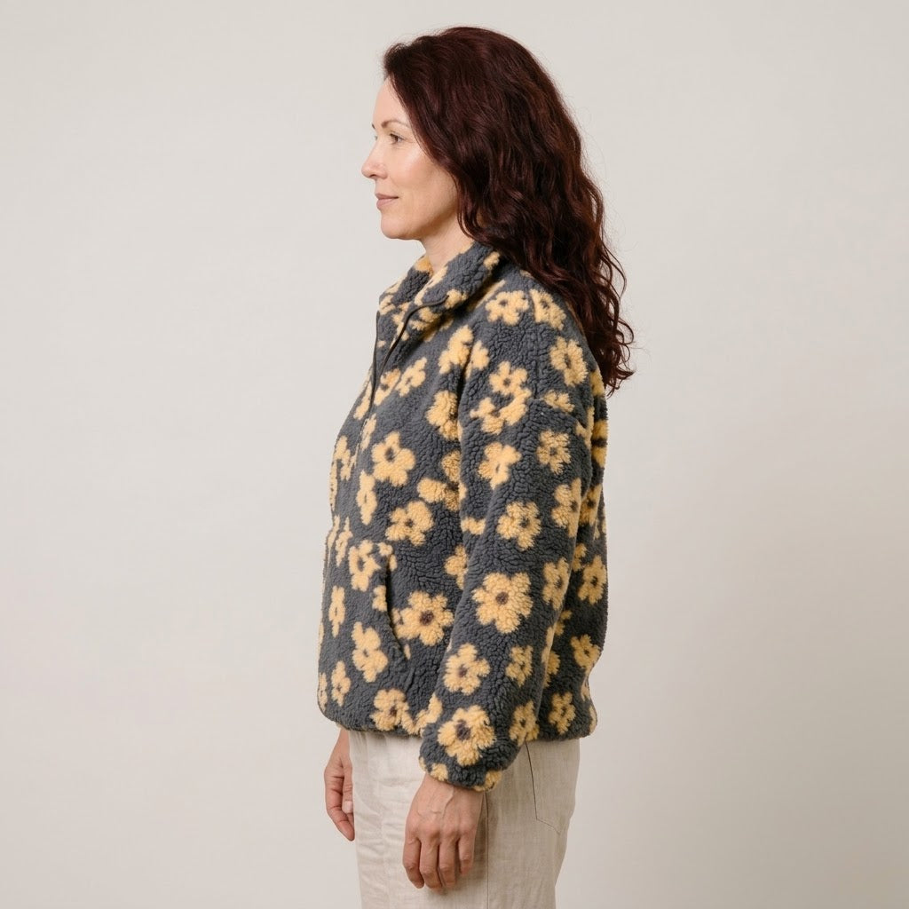 Women's Floral Teddy Fleece Half Zip Pullover — Oversized Borg Jumper