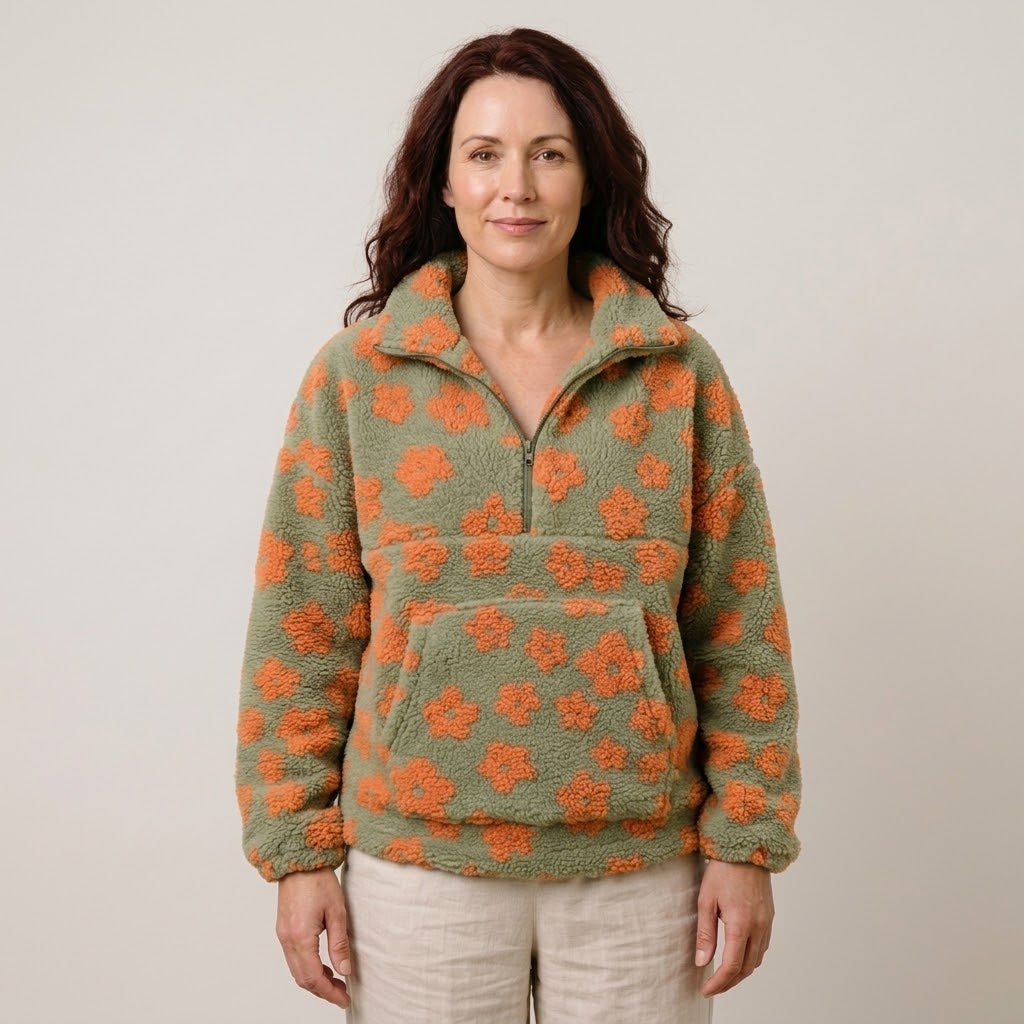 Women's Floral Teddy Fleece Half Zip Pullover — Oversized Borg Jumper