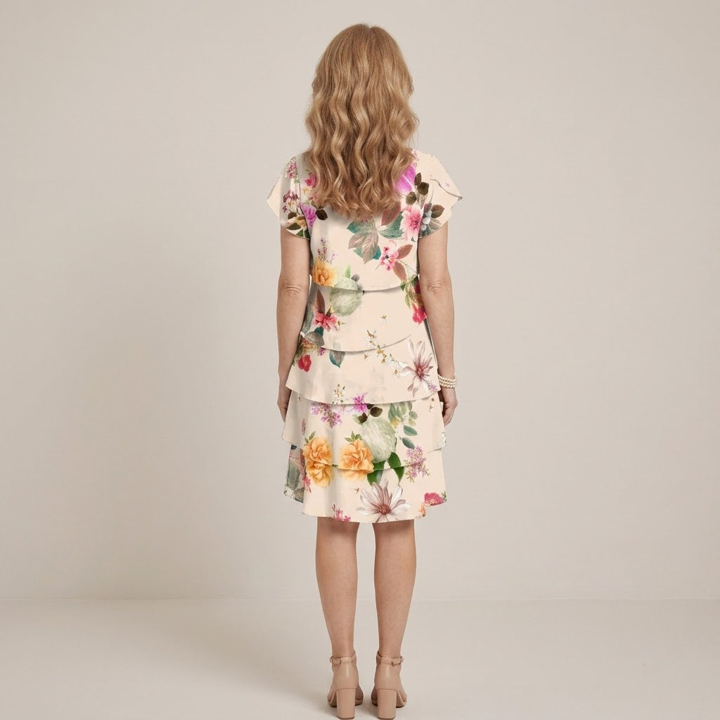Clara Floral Tiered Dress — Women's Ruffle V Neck Knee Length Summer Dress