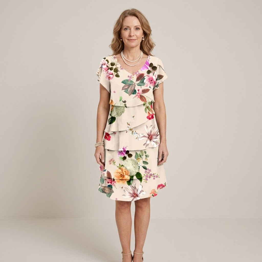 Clara Floral Tiered Dress — Women's Ruffle V Neck Knee Length Summer Dress