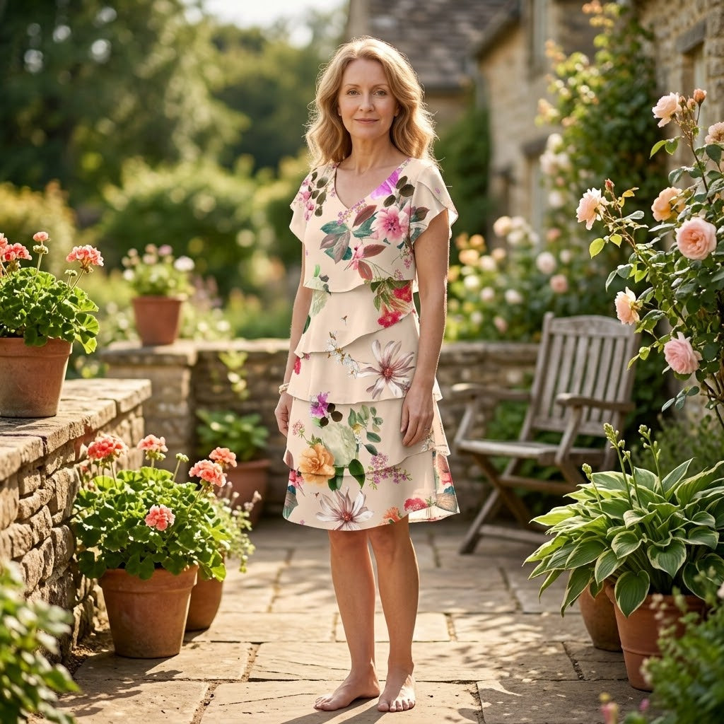 Clara Floral Tiered Dress — Women's Ruffle V Neck Knee Length Summer Dress