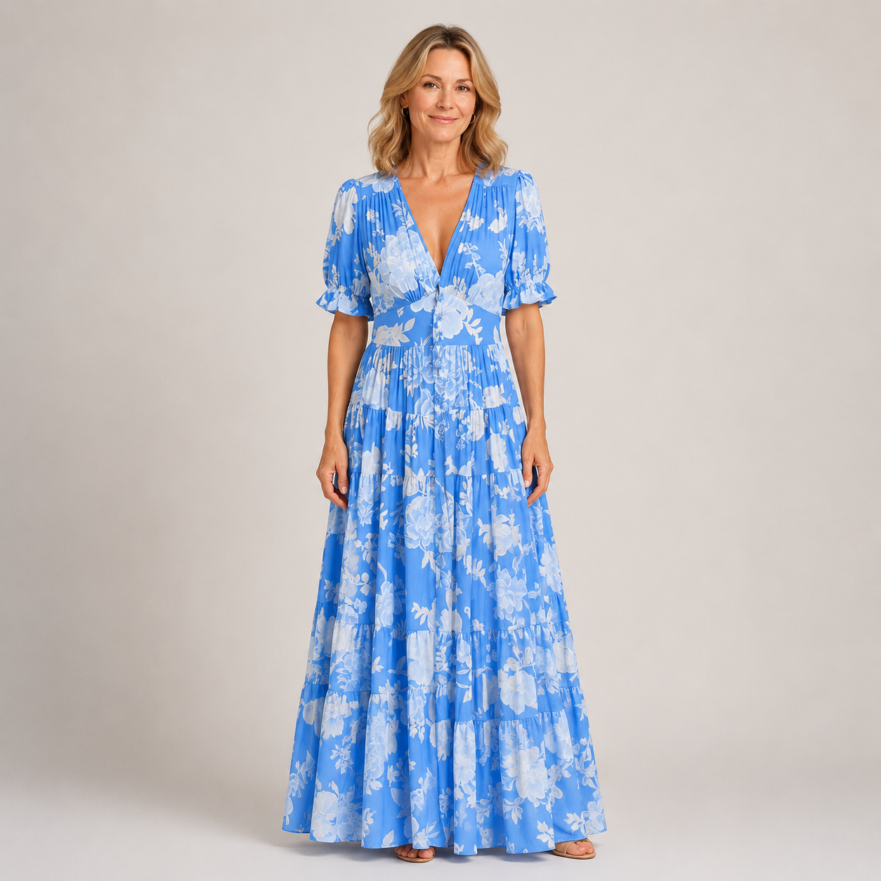Clara Floral Tiered Maxi Dress — Women's V Neck Puff Sleeve Dress