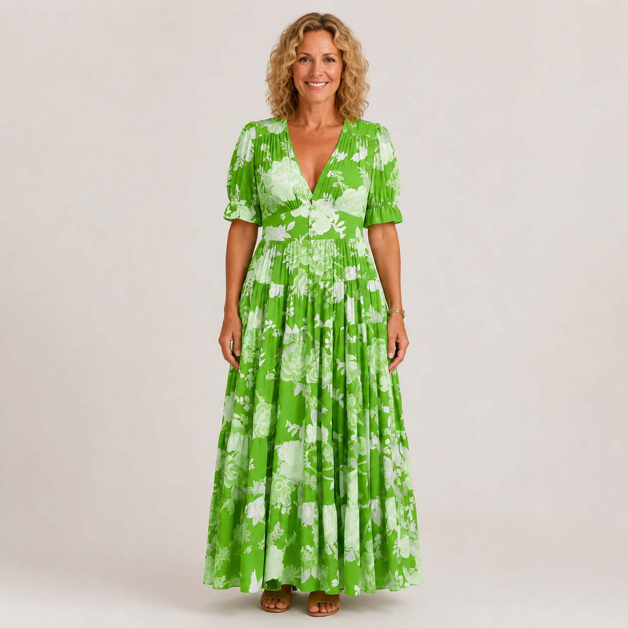 Clara Floral Tiered Maxi Dress — Women's V-Neck Puff Sleeve Summer Dress
