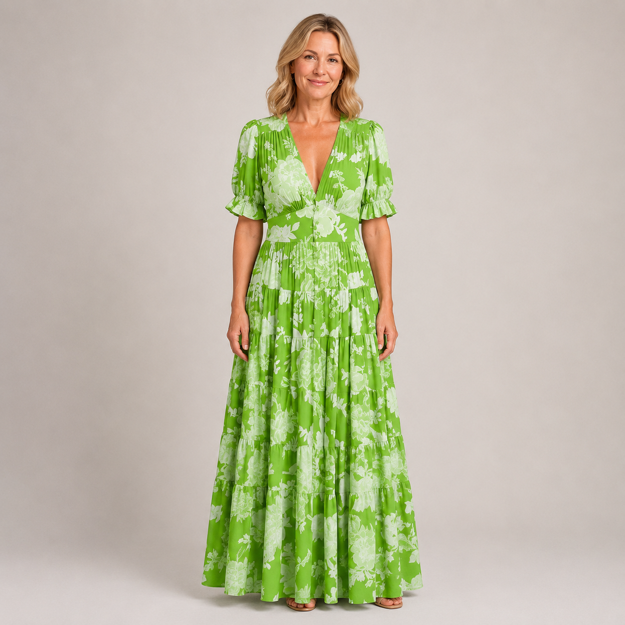 Clara Floral Tiered Maxi Dress — Women's V Neck Puff Sleeve Dress