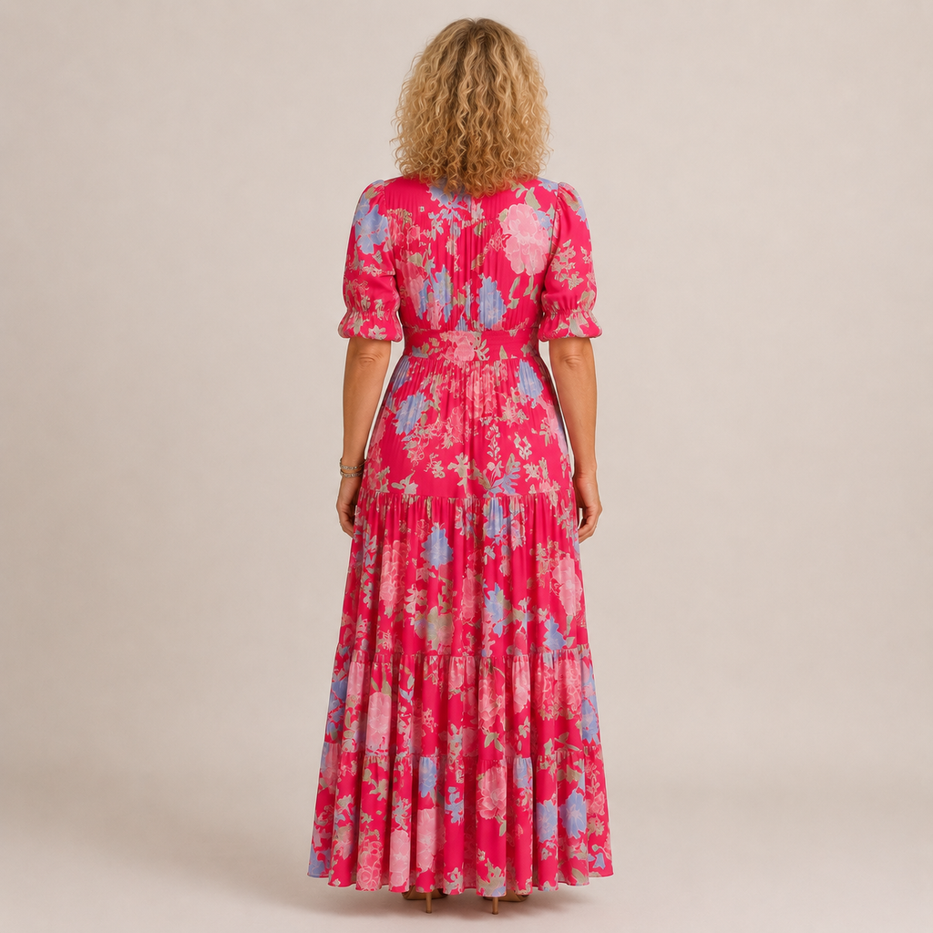 Clara Floral Tiered Maxi Dress — Women's V-Neck Puff Sleeve Summer Dress