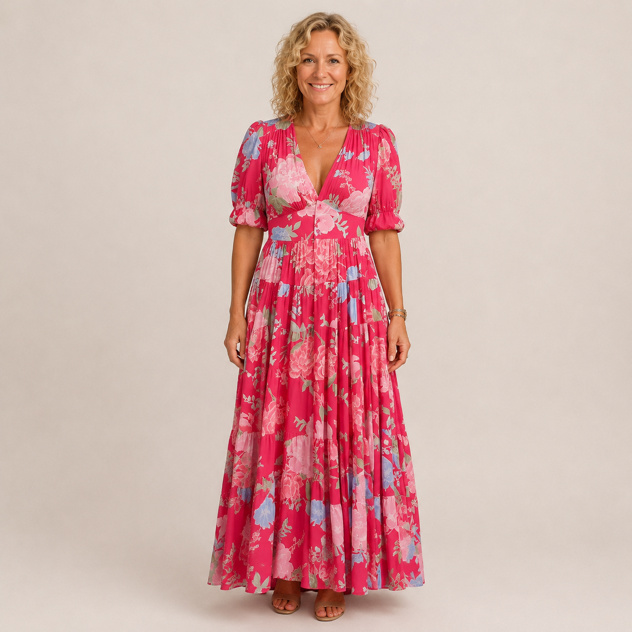 Clara Floral Tiered Maxi Dress — Women's V-Neck Puff Sleeve Summer Dress