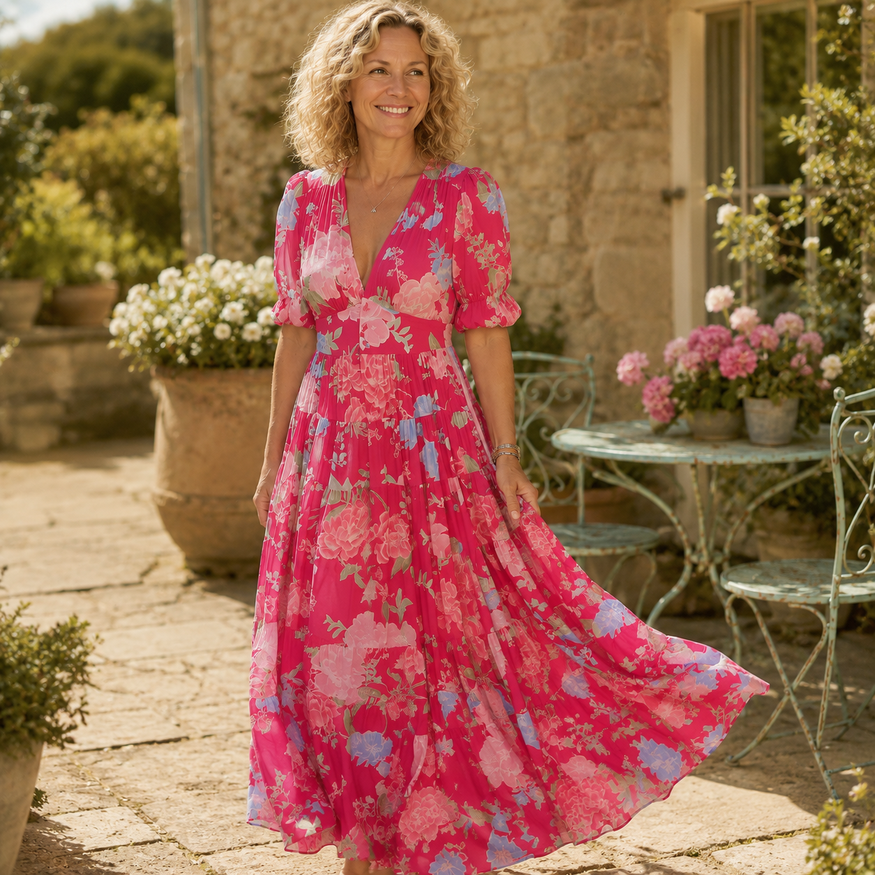 Clara Floral Tiered Maxi Dress — Women's V-Neck Puff Sleeve Summer Dress