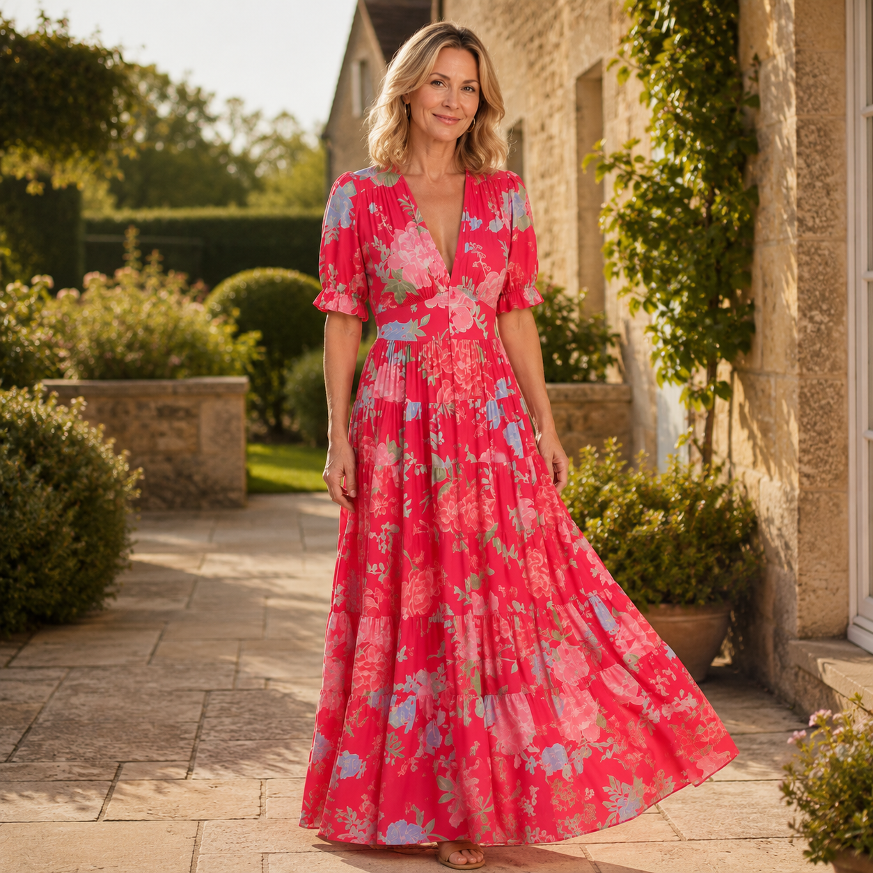 Clara Floral Tiered Maxi Dress — Women's V Neck Puff Sleeve Dress