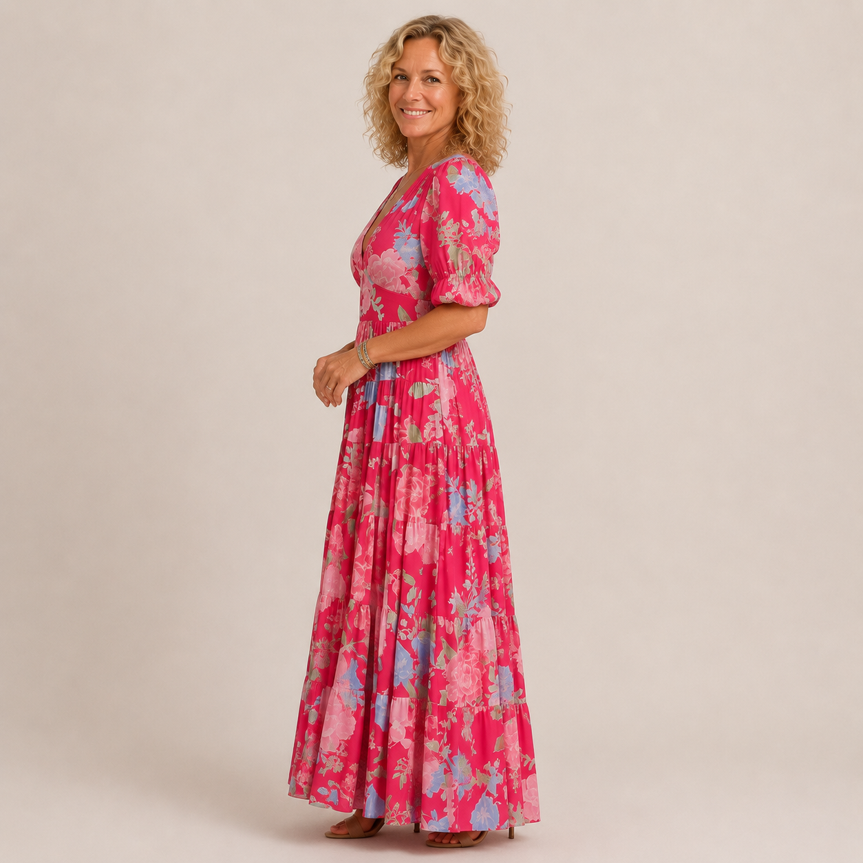 Clara Floral Tiered Maxi Dress — Women's V-Neck Puff Sleeve Summer Dress