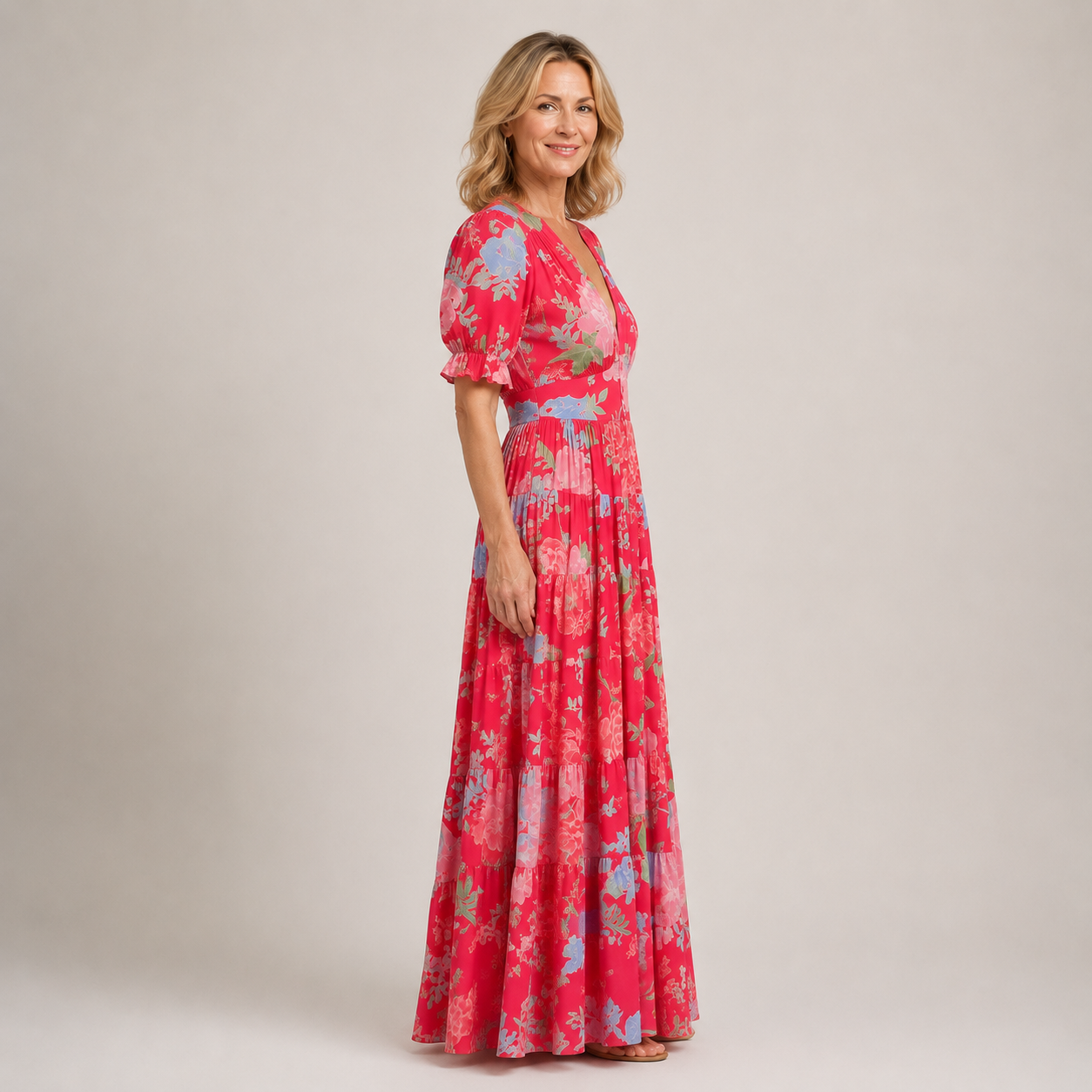 Clara Floral Tiered Maxi Dress — Women's V Neck Puff Sleeve Dress