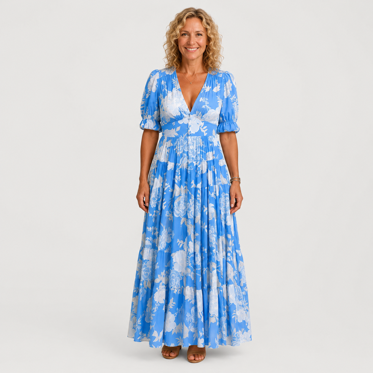Clara Floral Tiered Maxi Dress — Women's V-Neck Puff Sleeve Summer Dress