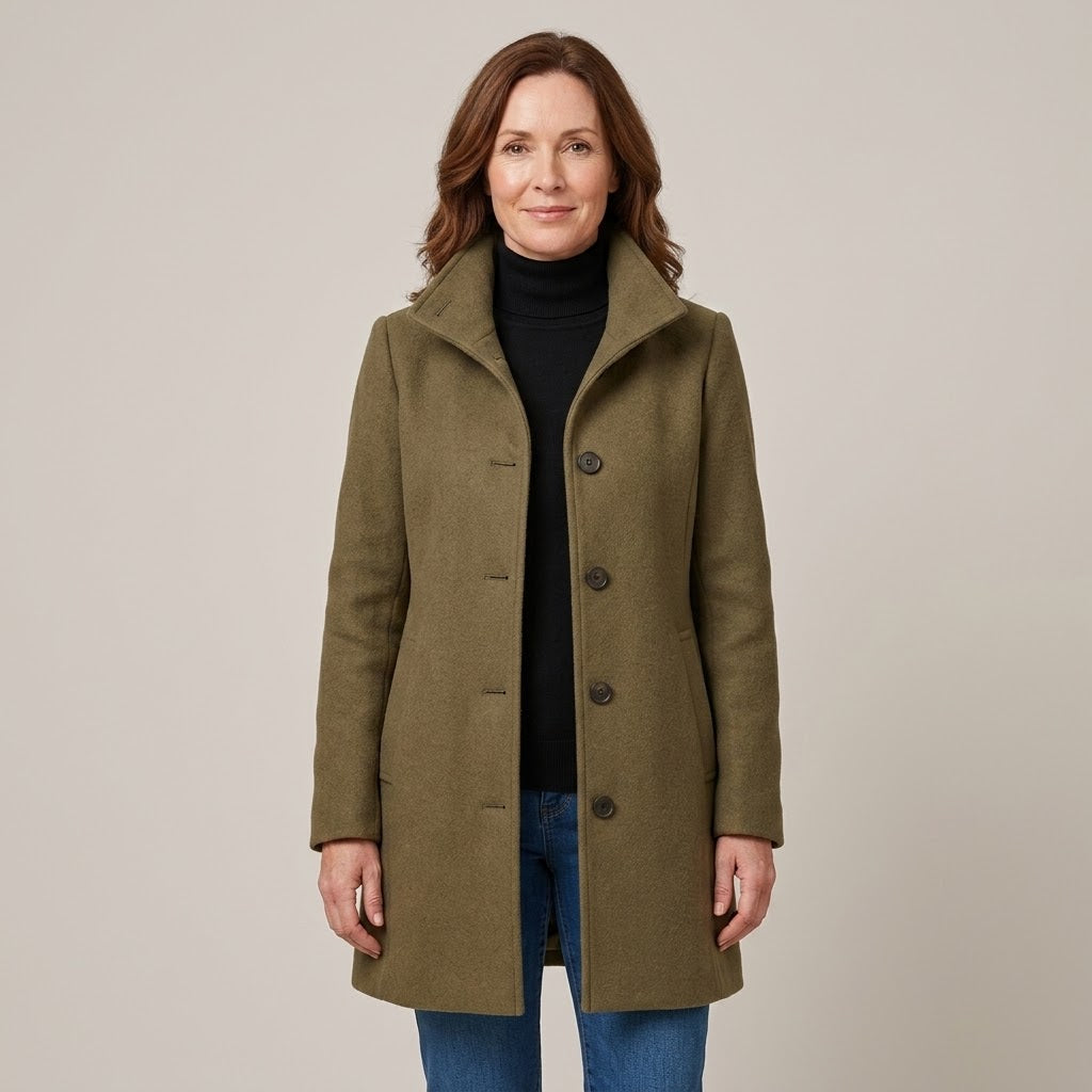 Women's Khaki Winter Coat — High Funnel Collar Button Front Mid Length Jacket