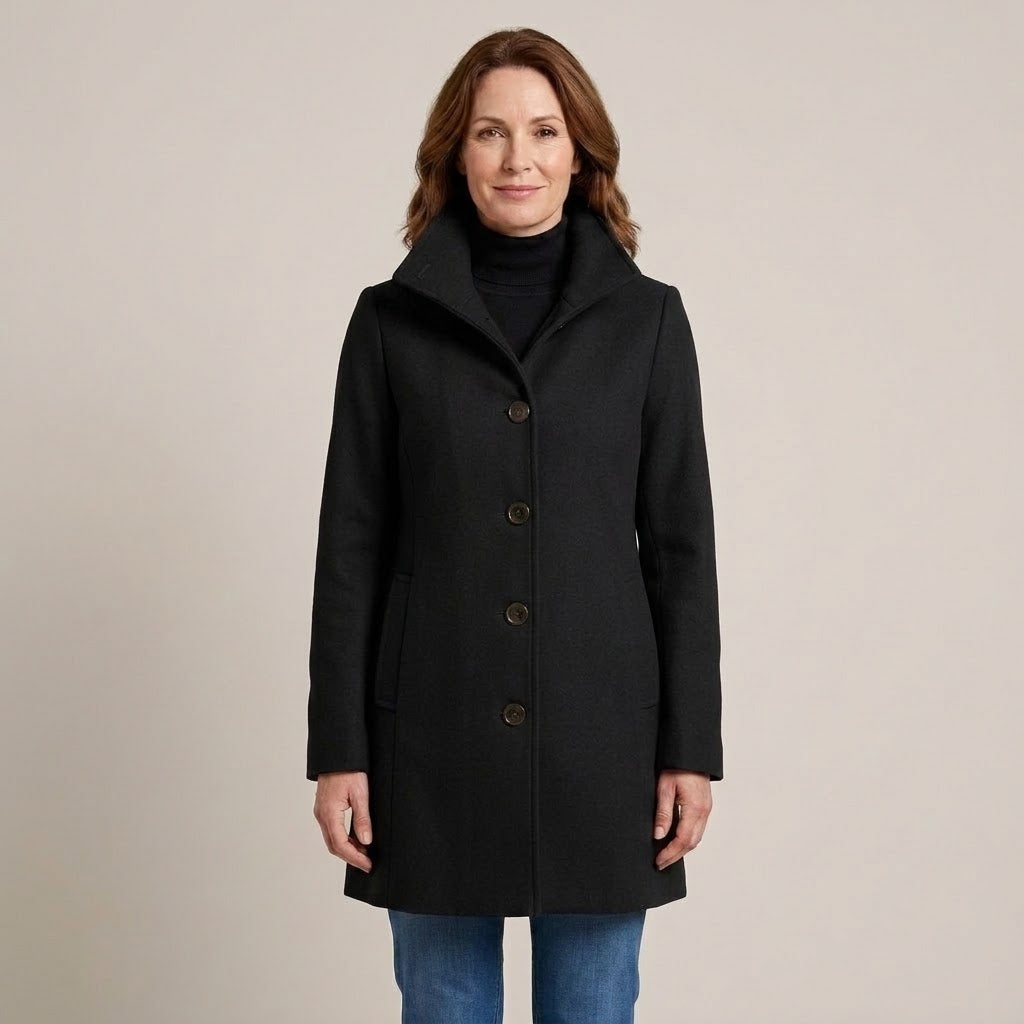 Women's Khaki Winter Coat — High Funnel Collar Button Front Mid Length Jacket