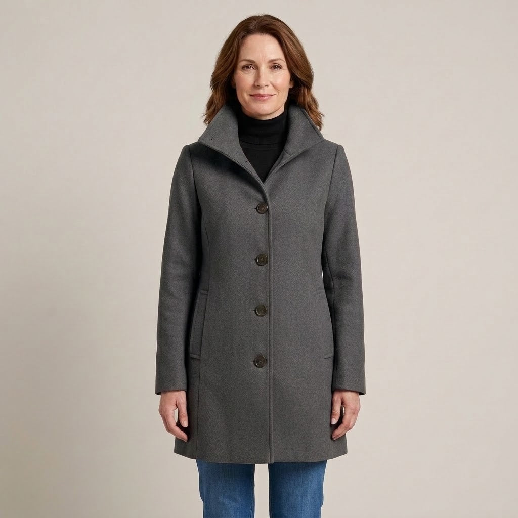 Women's Khaki Winter Coat — High Funnel Collar Button Front Mid Length Jacket