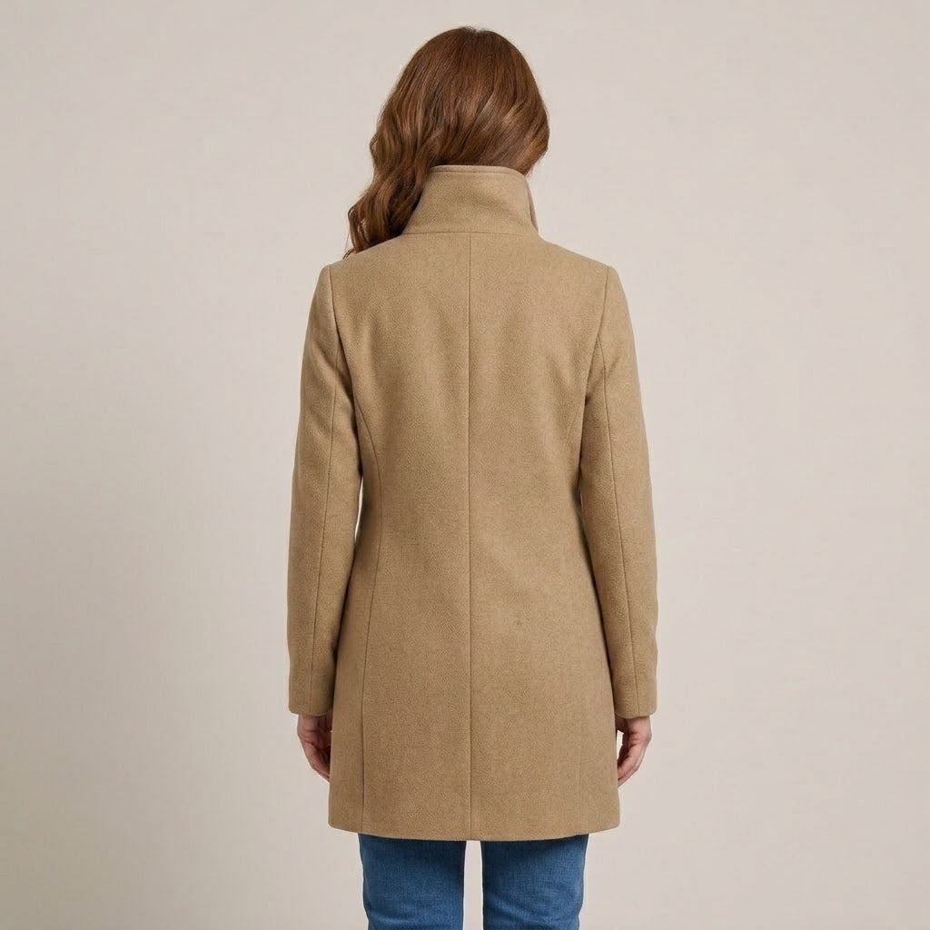 Women's Khaki Winter Coat — High Funnel Collar Button Front Mid Length Jacket