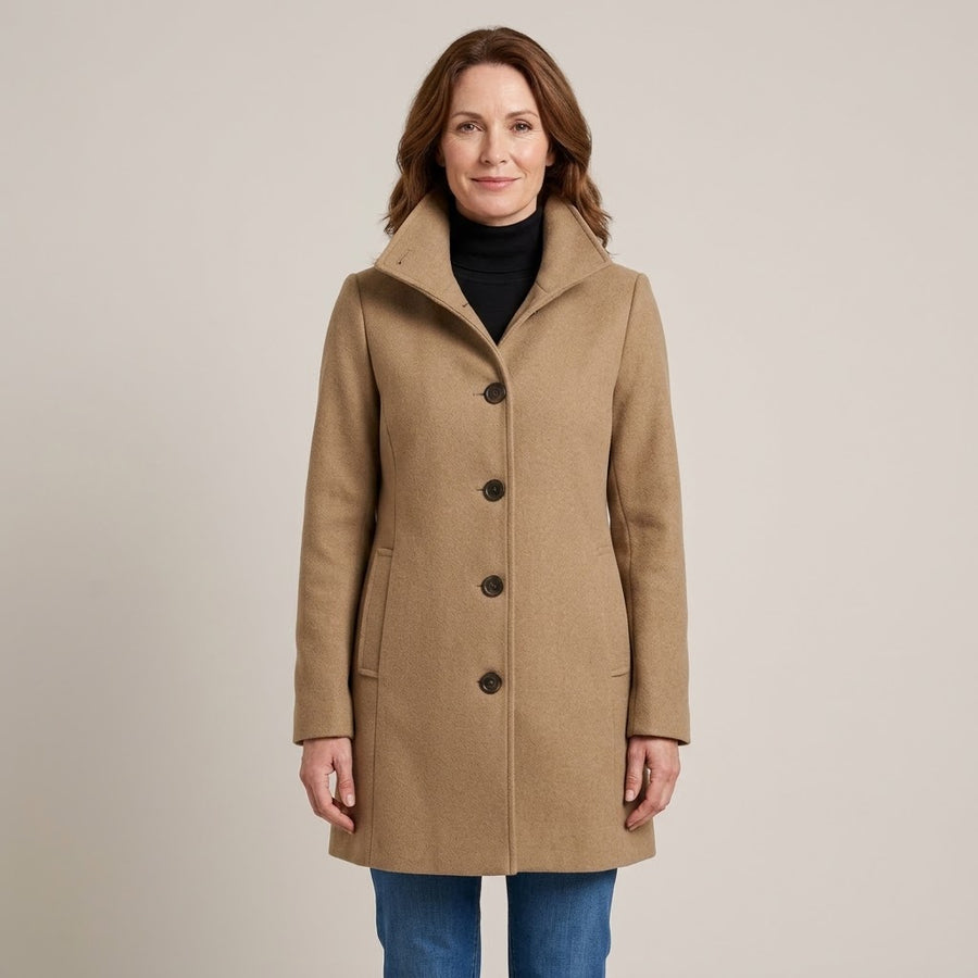 Women's Khaki Winter Coat — High Funnel Collar Button Front Mid Length Jacket