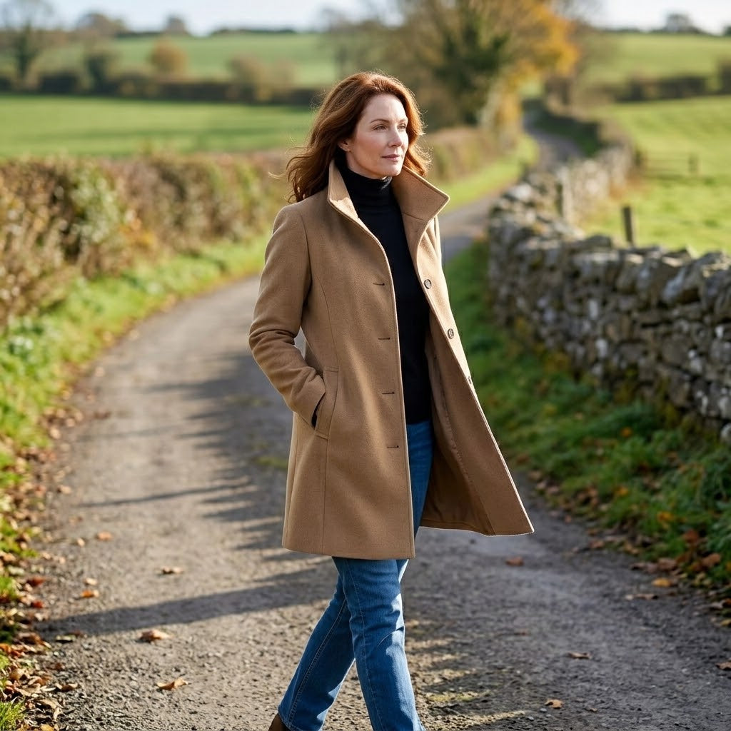 Women's Khaki Winter Coat — High Funnel Collar Button Front Mid Length Jacket