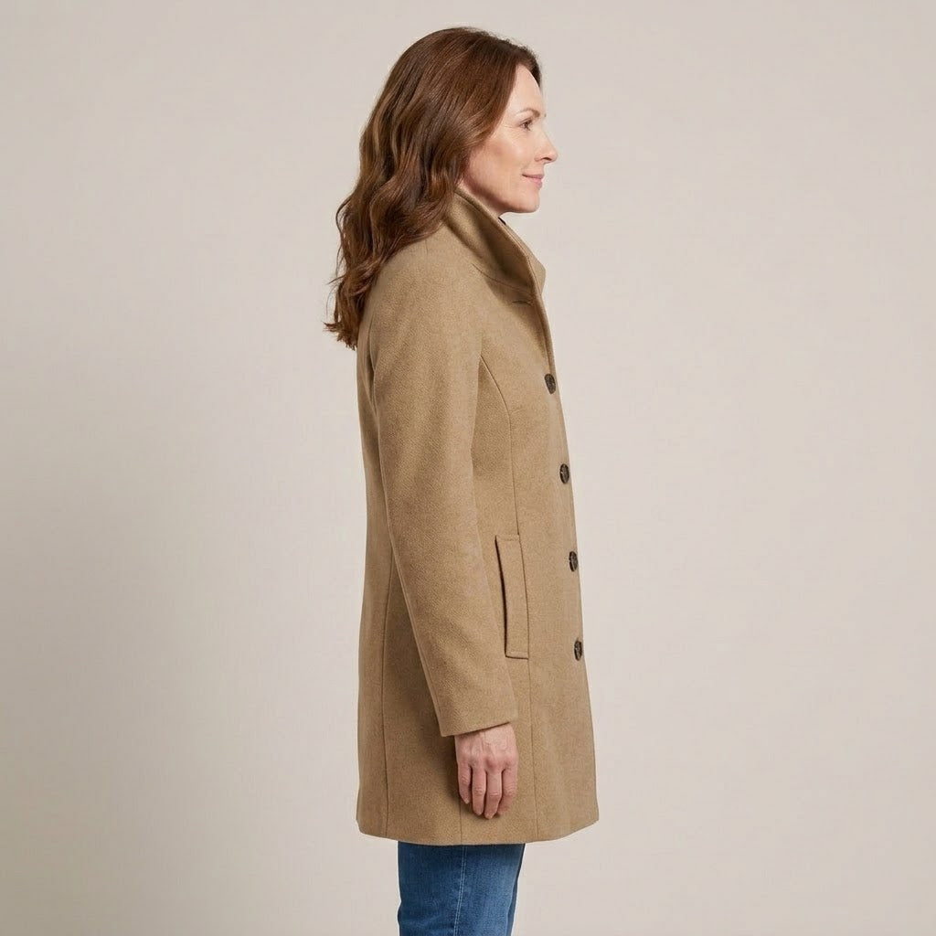 Women's Khaki Winter Coat — High Funnel Collar Button Front Mid Length Jacket