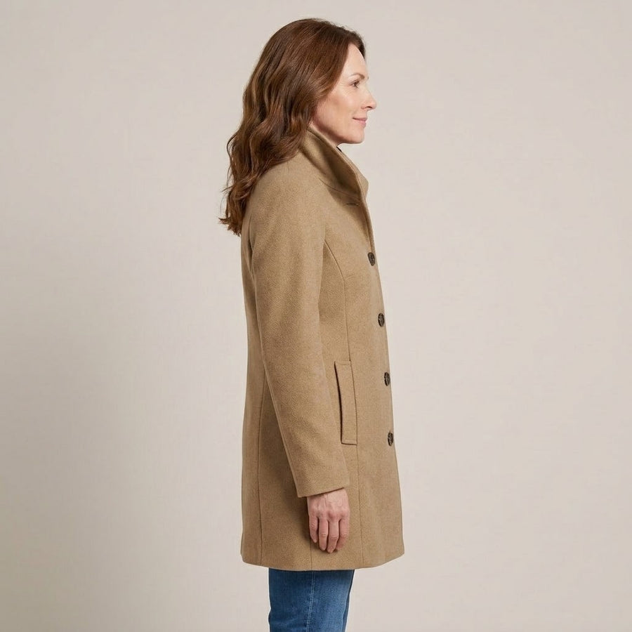 Women's Khaki Winter Coat — High Funnel Collar Button Front Mid Length Jacket