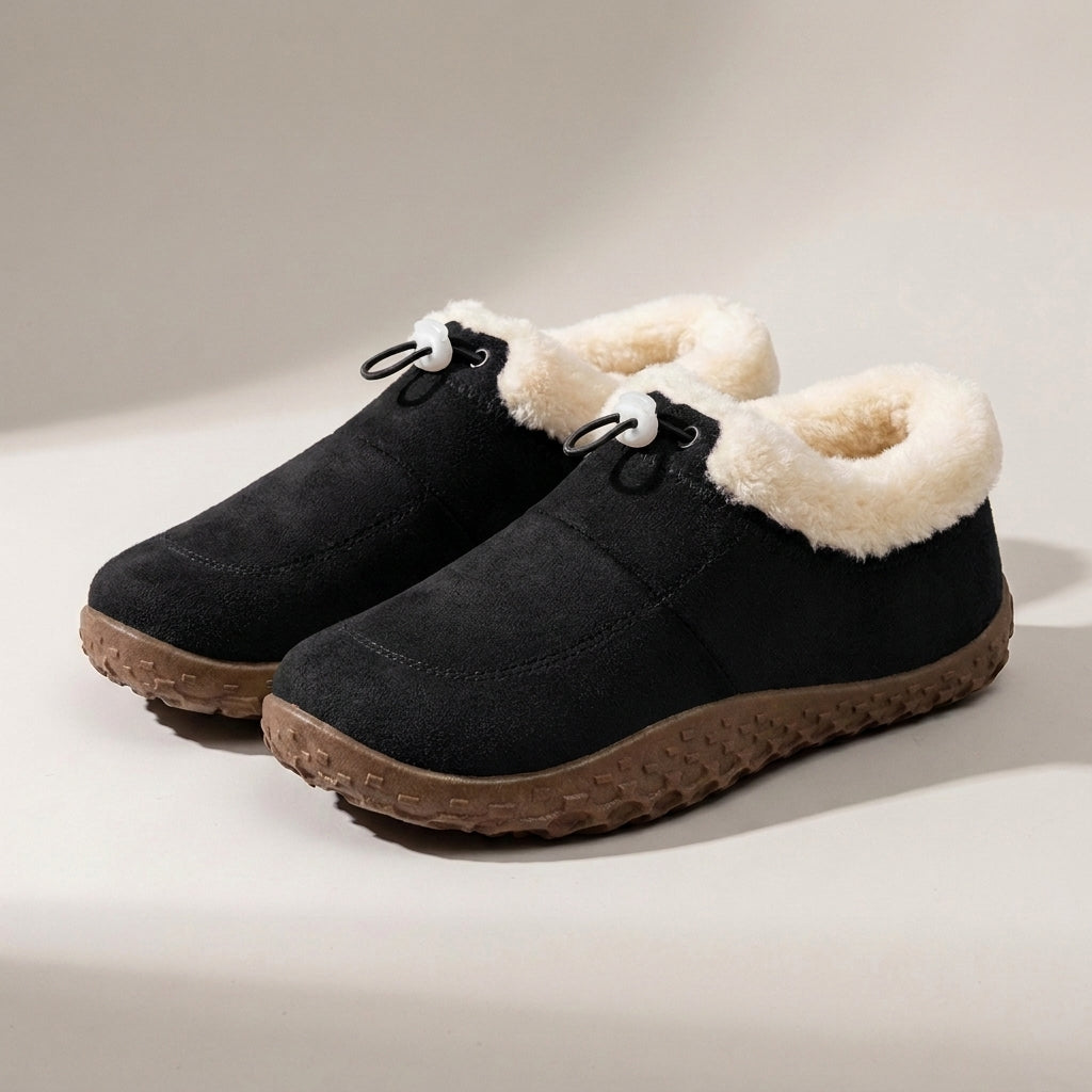 Ladies Fur Lined Slip-On Shoes – Warm Faux Suede Slippers with Rubber Sole