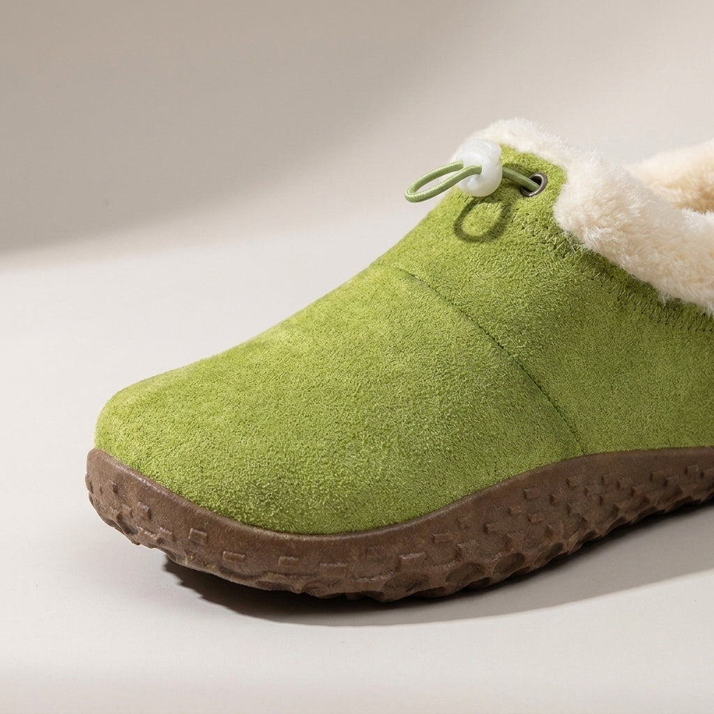 Ladies Fur Lined Slip-On Shoes – Warm Faux Suede Slippers with Rubber Sole