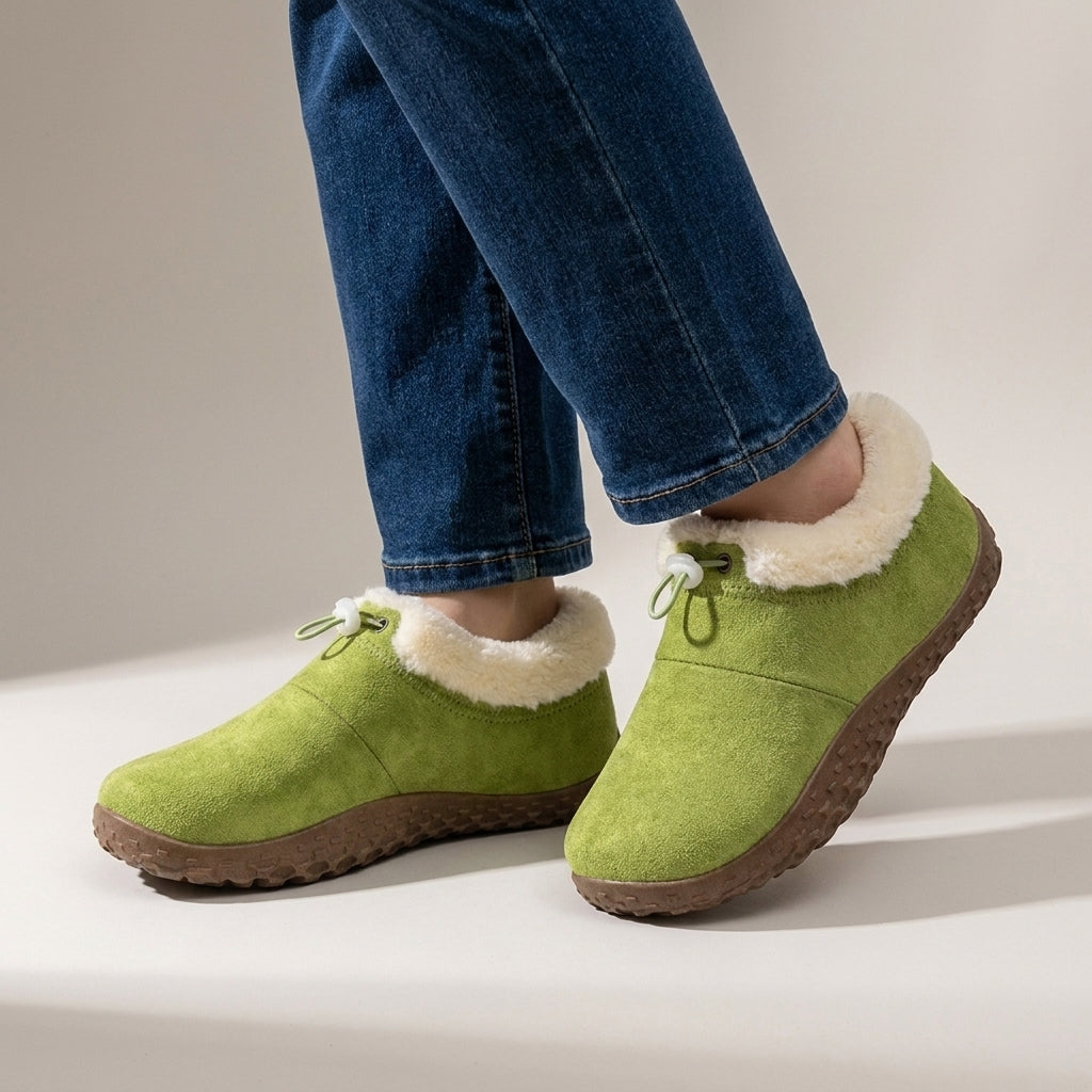 Ladies Fur Lined Slip-On Shoes – Warm Faux Suede Slippers with Rubber Sole