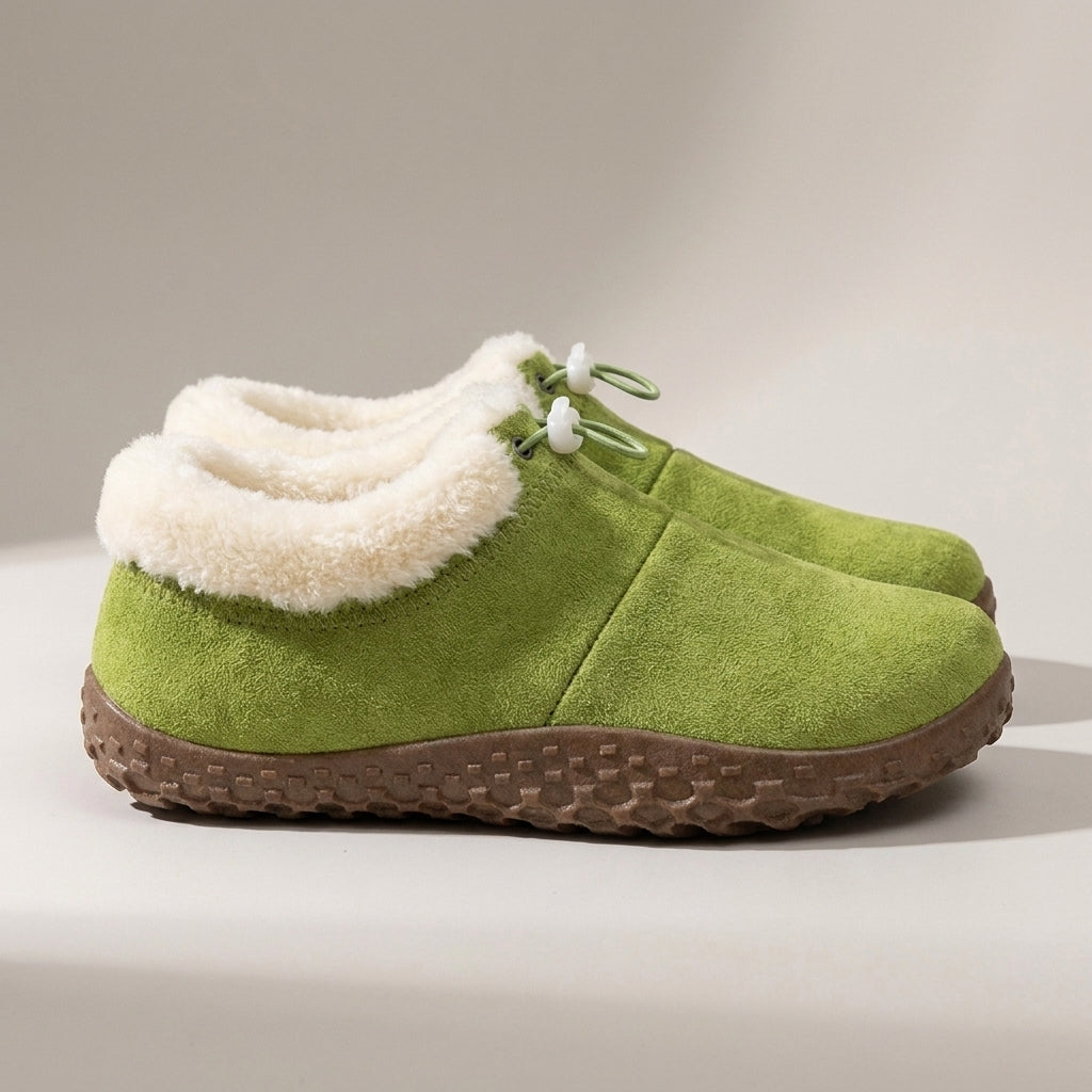 Ladies Fur Lined Slip-On Shoes – Warm Faux Suede Slippers with Rubber Sole