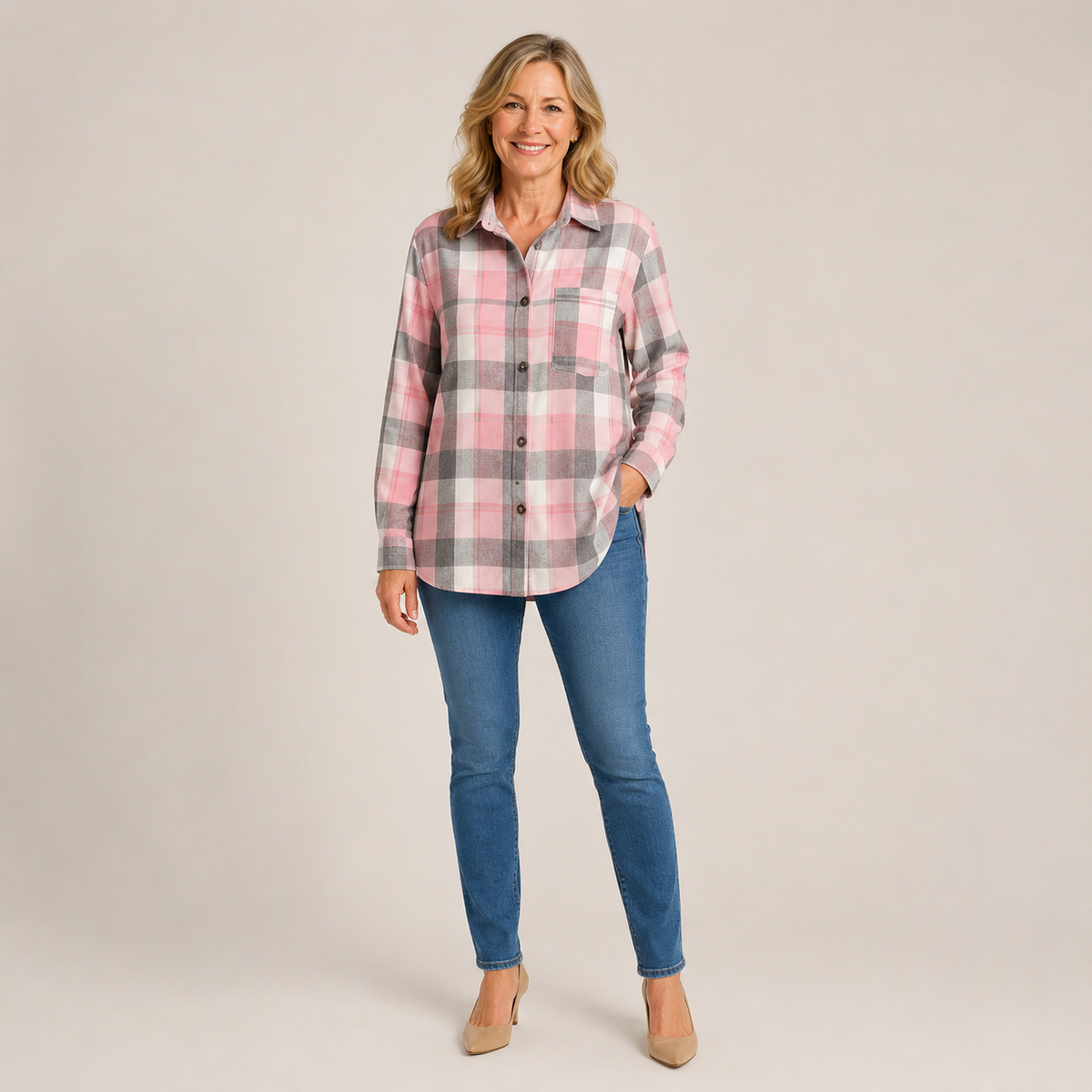 Ladies Gingham Check Shirt – Collared Button Up Blouse, Relaxed Fit