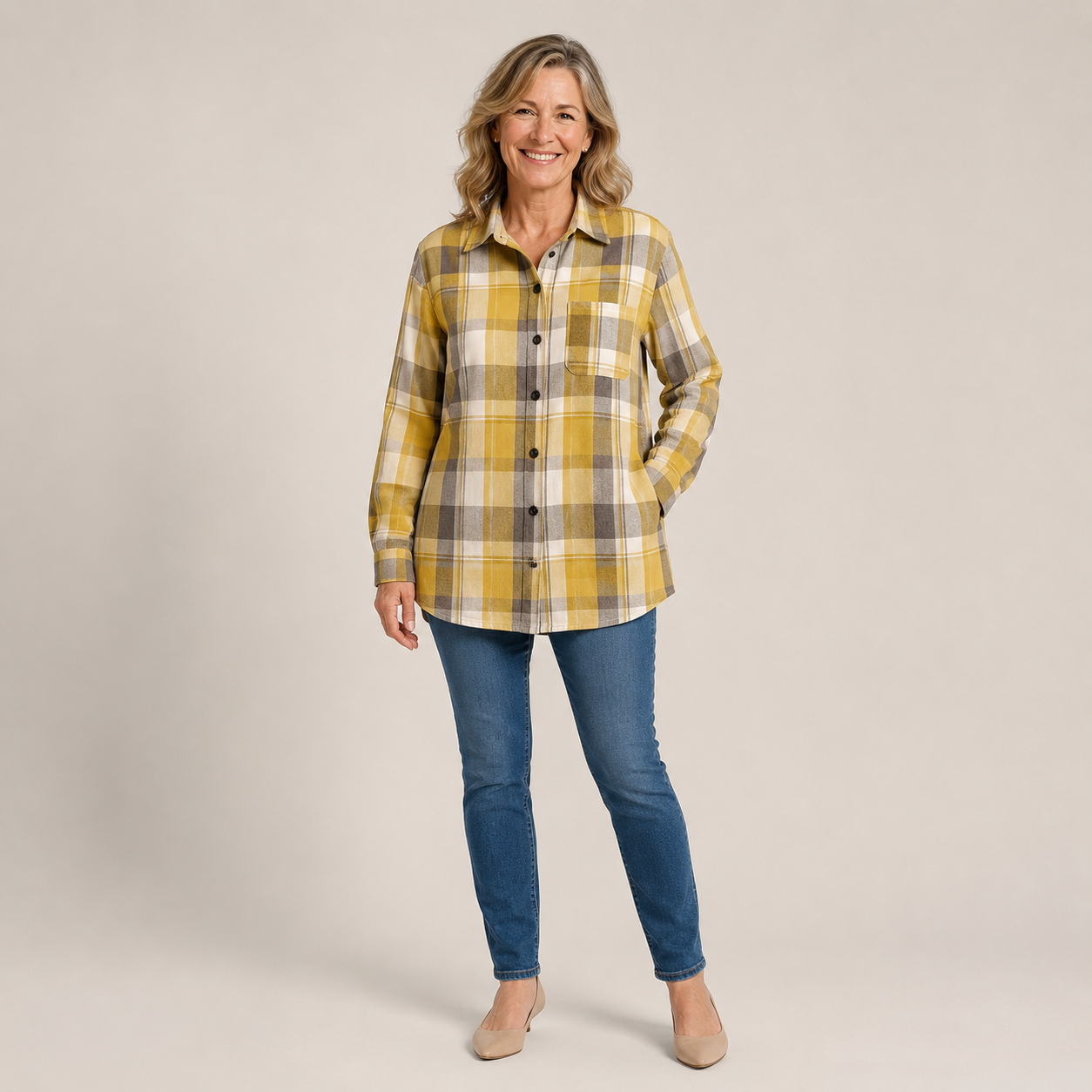Women's Yellow Gingham Shirt — Collared Button-Up Check Summer Blouse