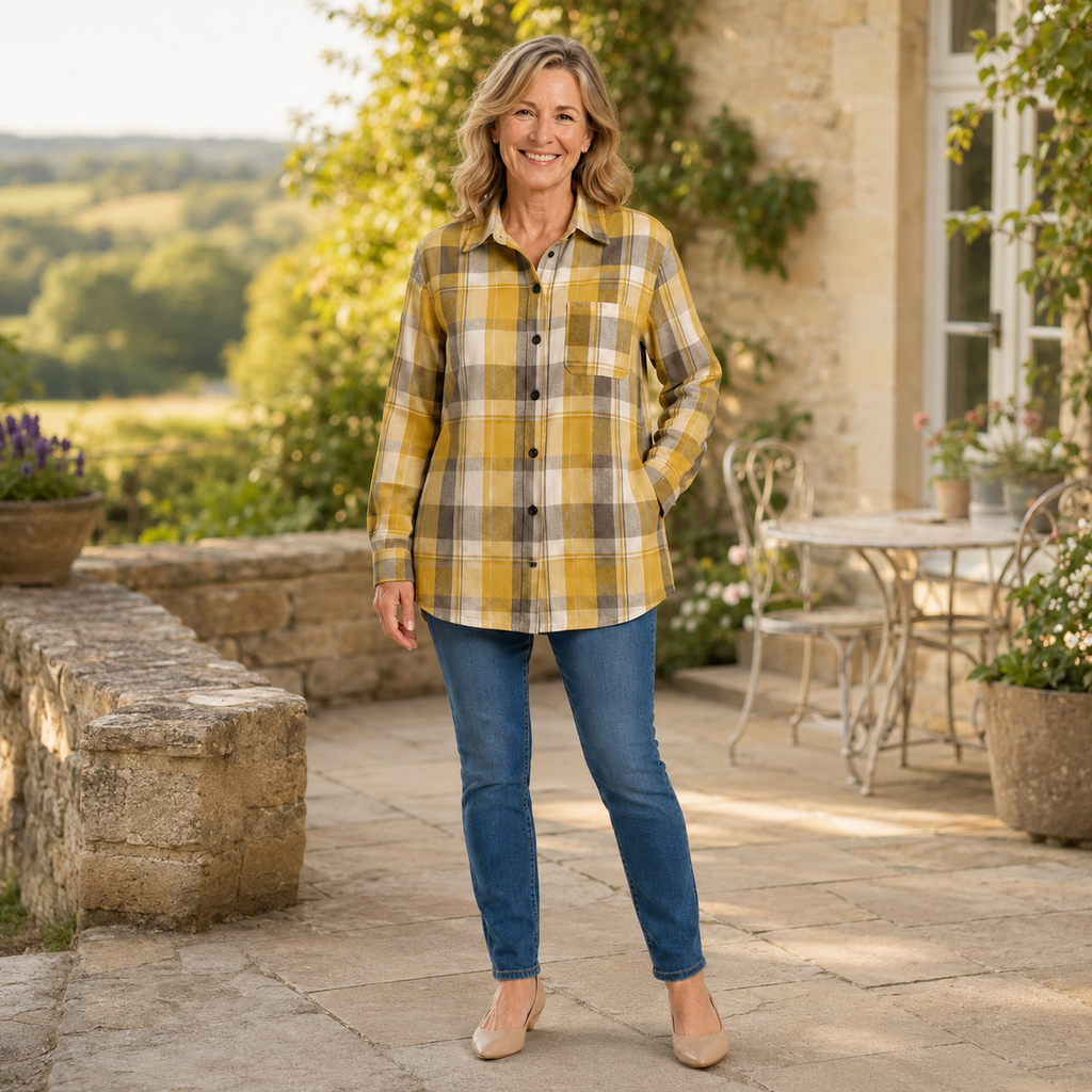 Women's Yellow Gingham Shirt — Collared Button-Up Check Summer Blouse