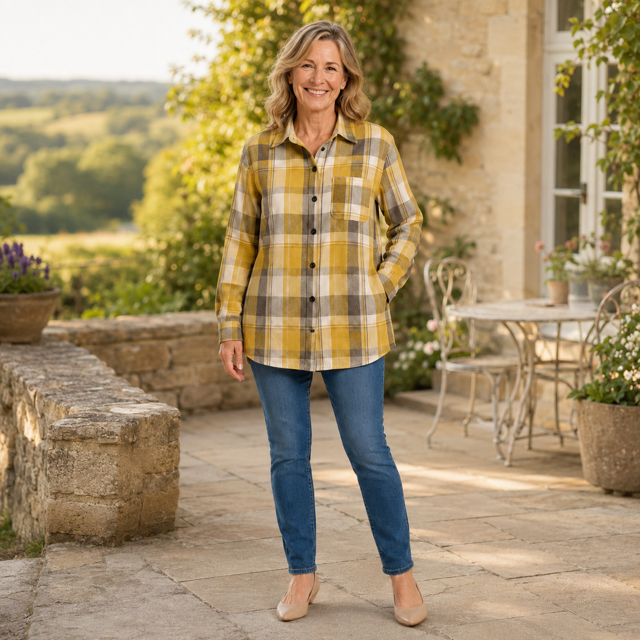 Women's Yellow Gingham Shirt — Collared Button-Up Check Summer Blouse