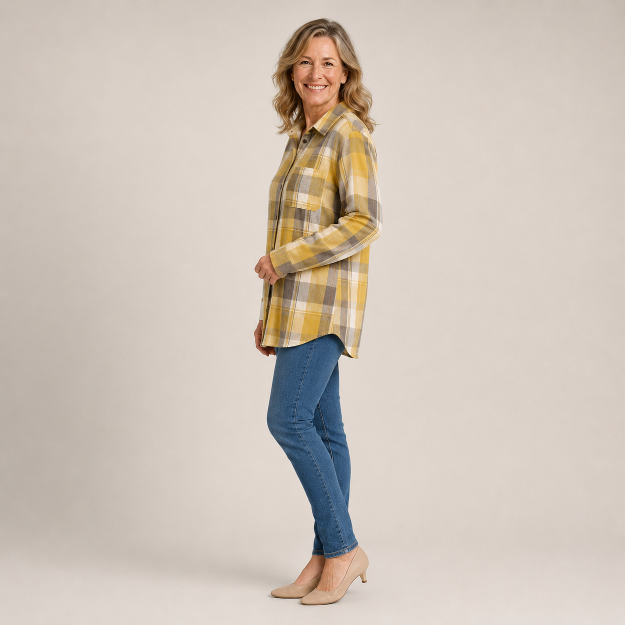 Women's Yellow Gingham Shirt — Collared Button-Up Check Summer Blouse