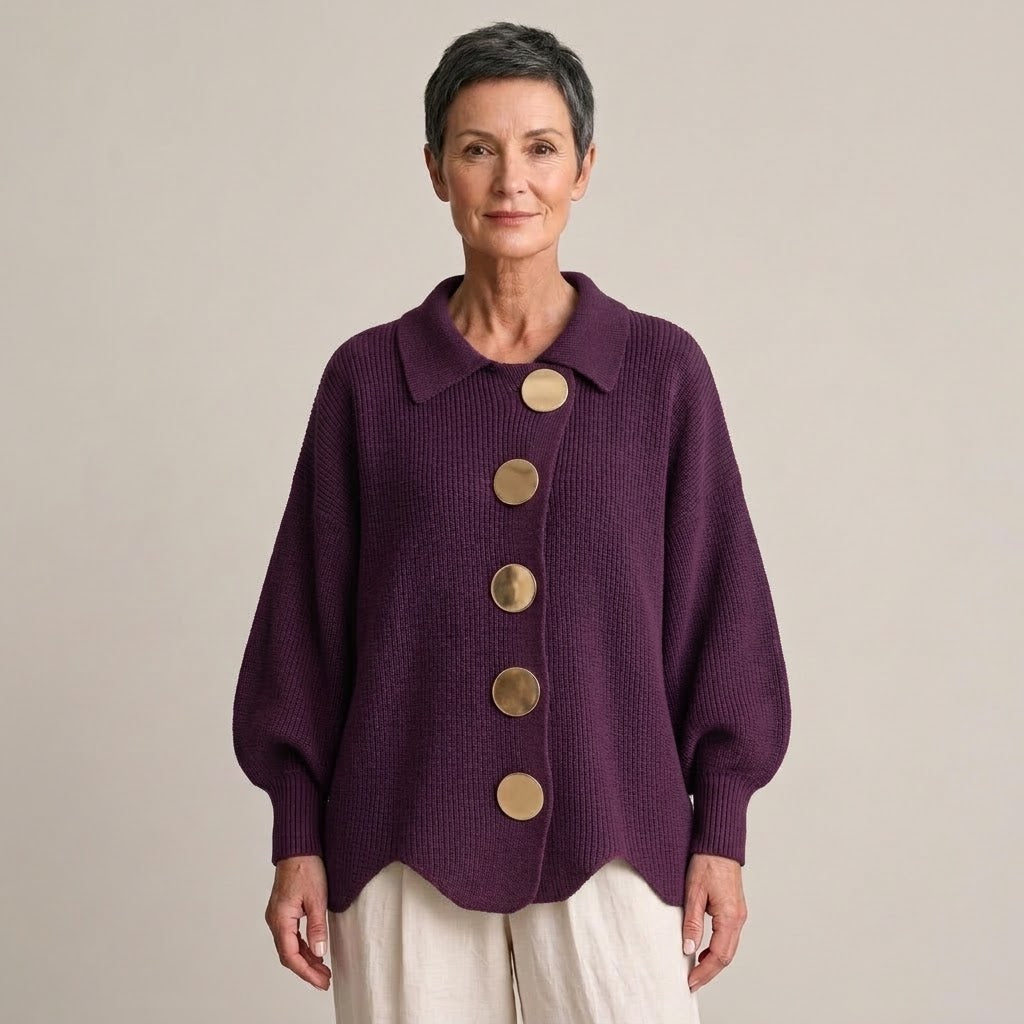 Women's Navy Button Cardigan — Collared Oversized Chunky Knit Jumper
