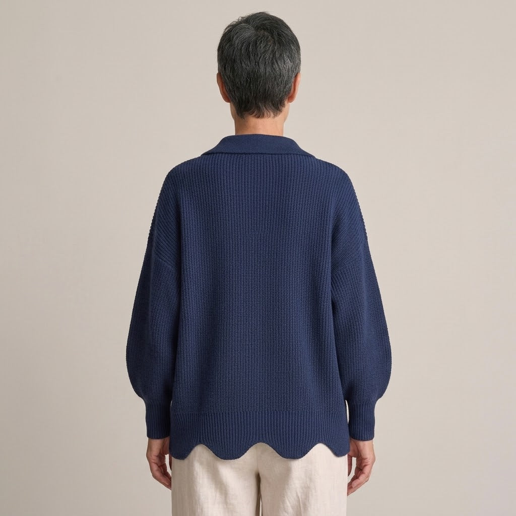 Women's Navy Button Cardigan — Collared Oversized Chunky Knit Jumper