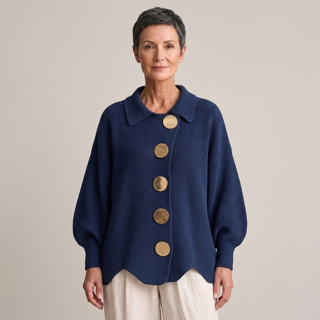 Women's Navy Button Cardigan — Collared Oversized Chunky Knit Jumper