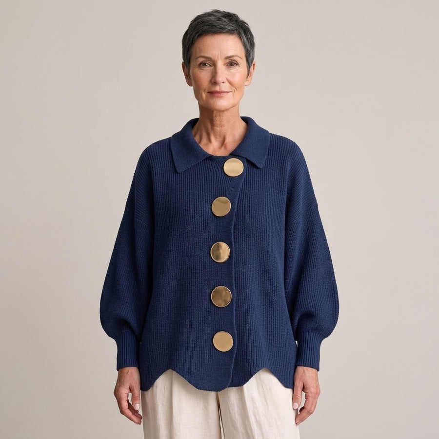 Women's Navy Button Cardigan — Collared Oversized Chunky Knit Jumper