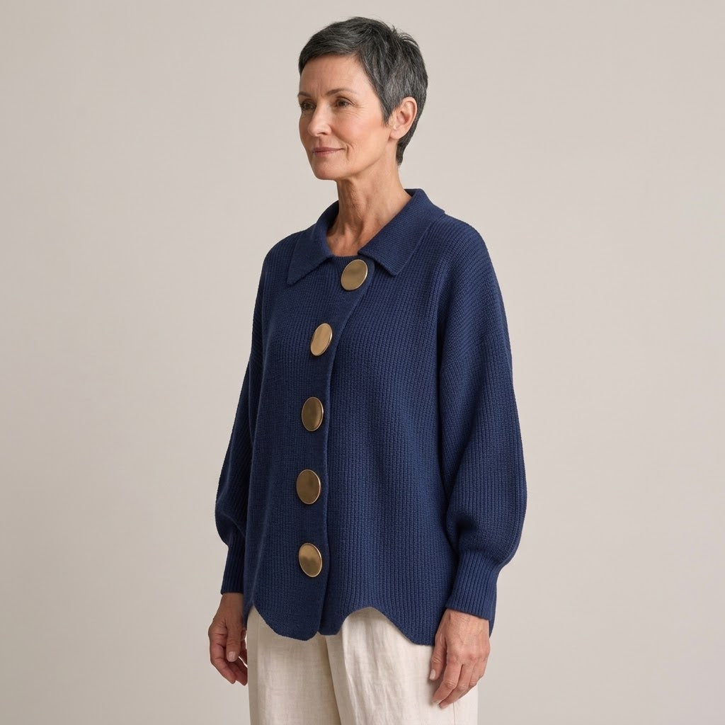 Women's Navy Button Cardigan — Collared Oversized Chunky Knit Jumper