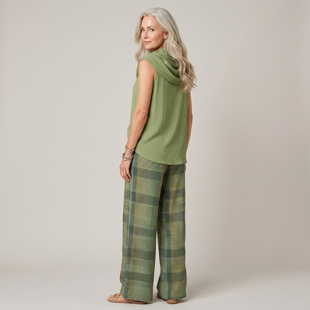 Women's Green Check Co-Ord Set — Sleeveless Cowl Neck Top & Wide-Leg Trousers