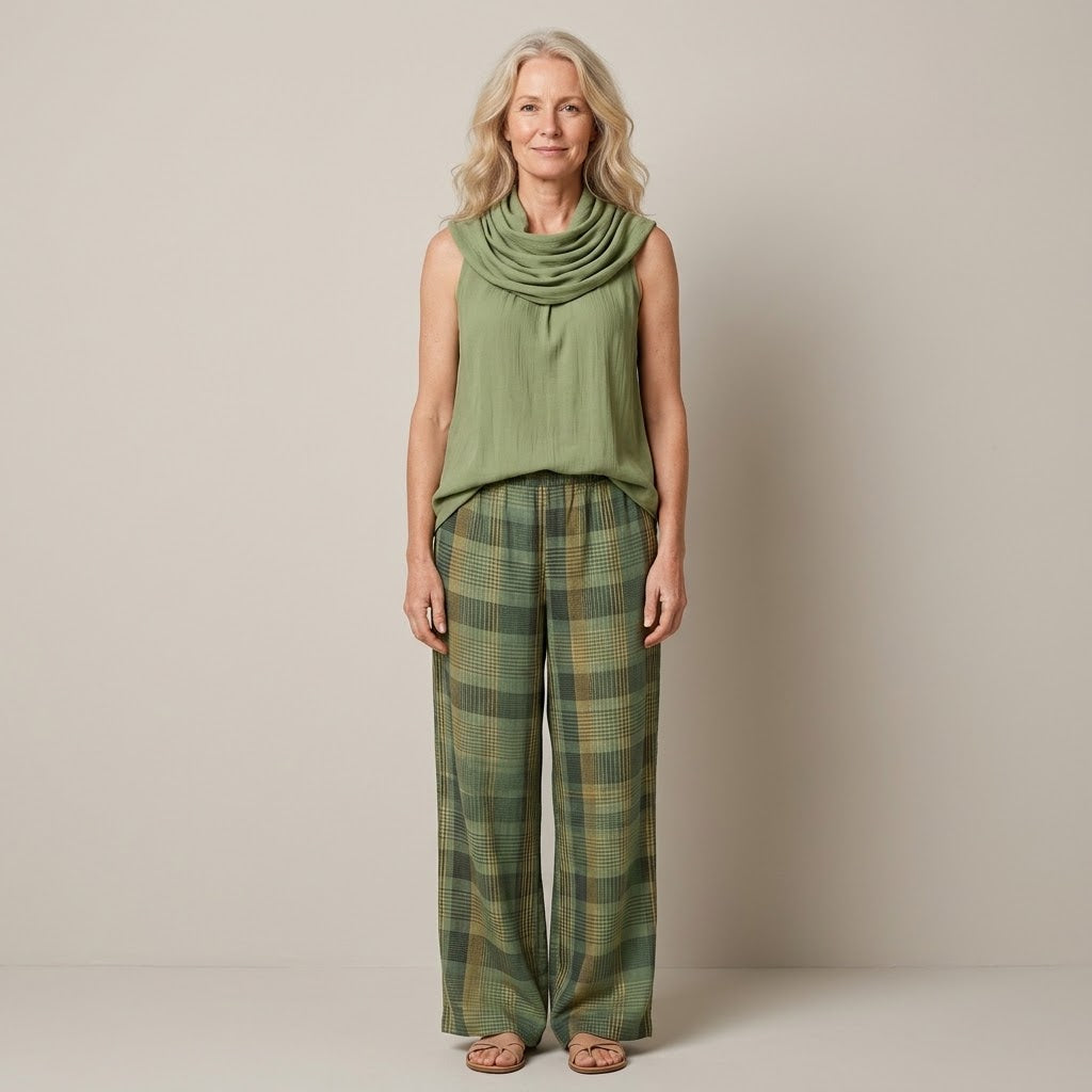 Women's Green Check Co-Ord Set — Sleeveless Cowl Neck Top & Wide-Leg Trousers