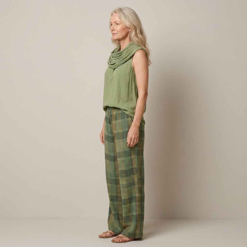 Women's Green Check Co-Ord Set — Sleeveless Cowl Neck Top & Wide-Leg Trousers