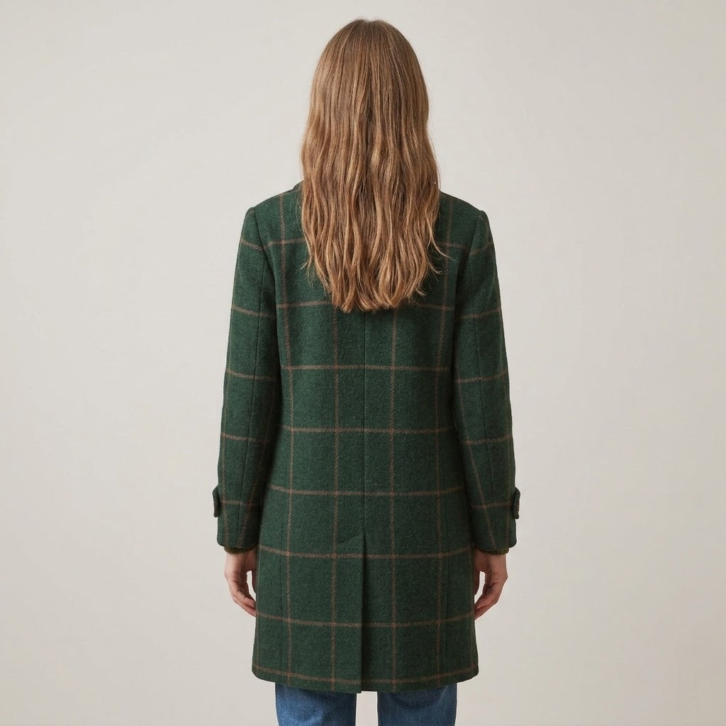 Women's Green Check Winter Coat — Windowpane Notch Lapel Mid Length Jacket