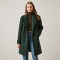 Women's Green Check Winter Coat — Windowpane Notch Lapel Mid Length Jacket