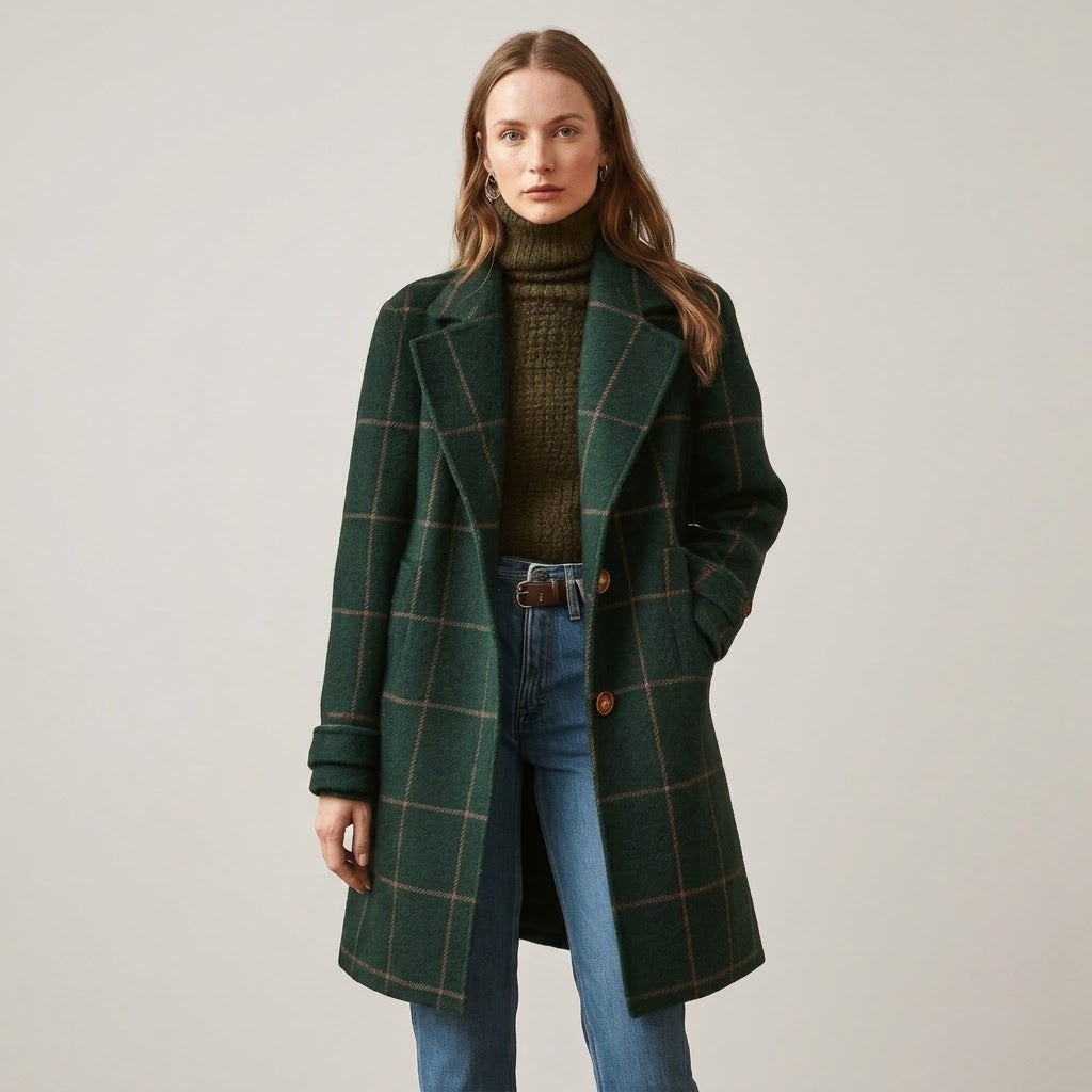 Women's Green Check Winter Coat — Windowpane Notch Lapel Mid Length Jacket