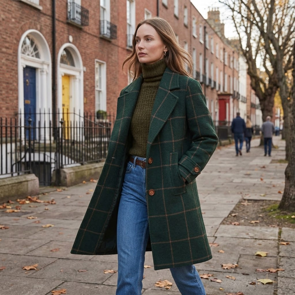 Women's Green Check Winter Coat — Windowpane Notch Lapel Mid Length Jacket