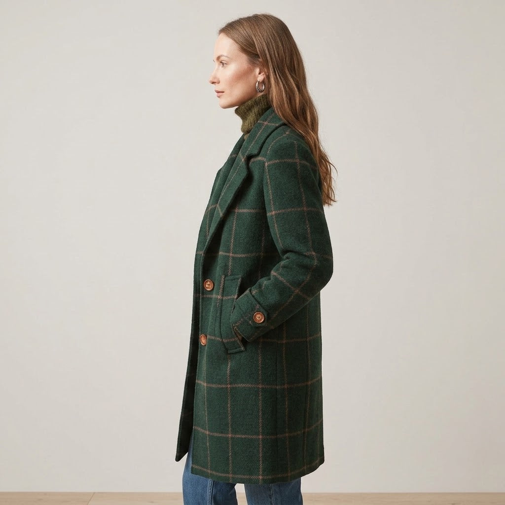 Women's Green Check Winter Coat — Windowpane Notch Lapel Mid Length Jacket