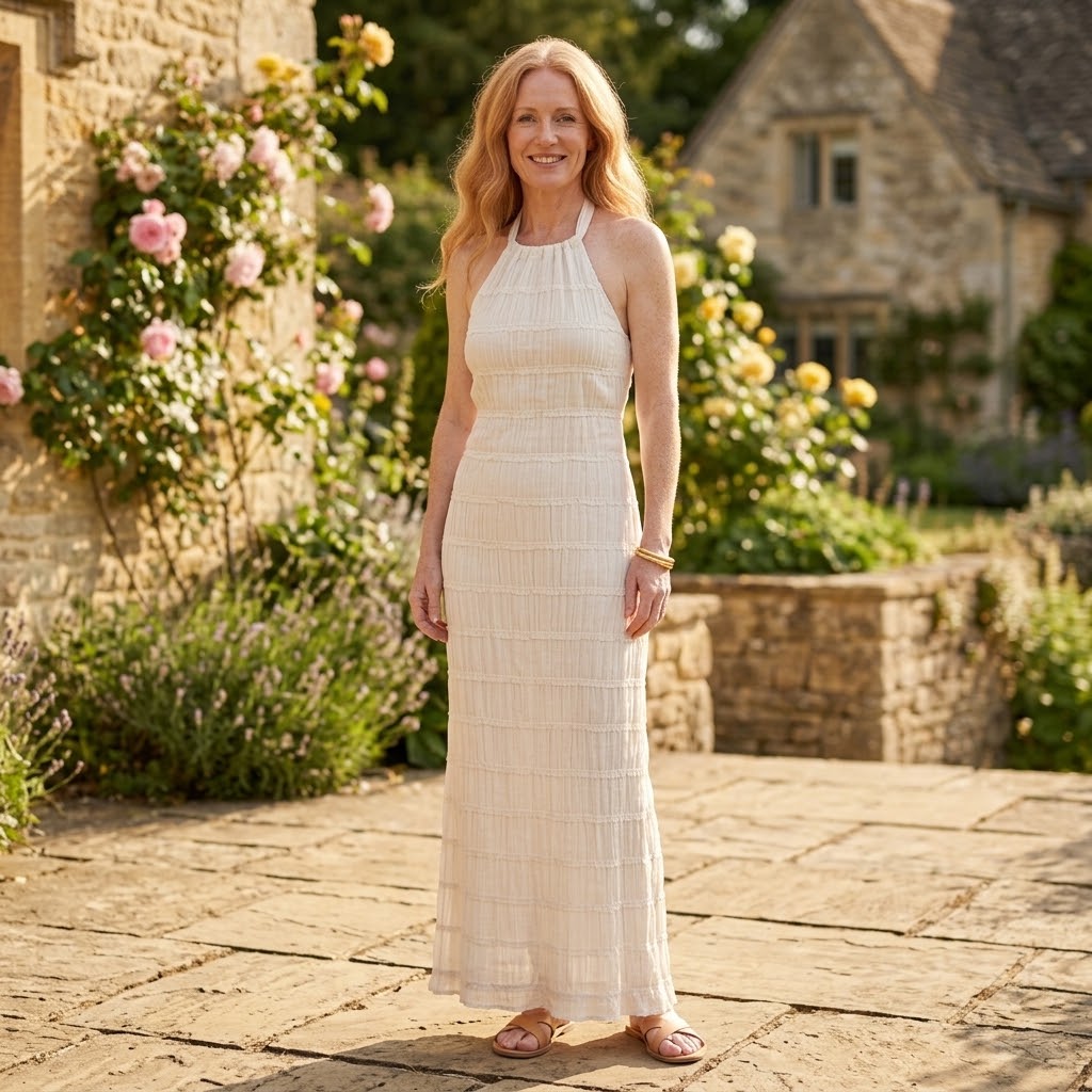 Women's White Halter Neck Maxi Dress — Textured Sleeveless Wedding Guest & Occasion Dress