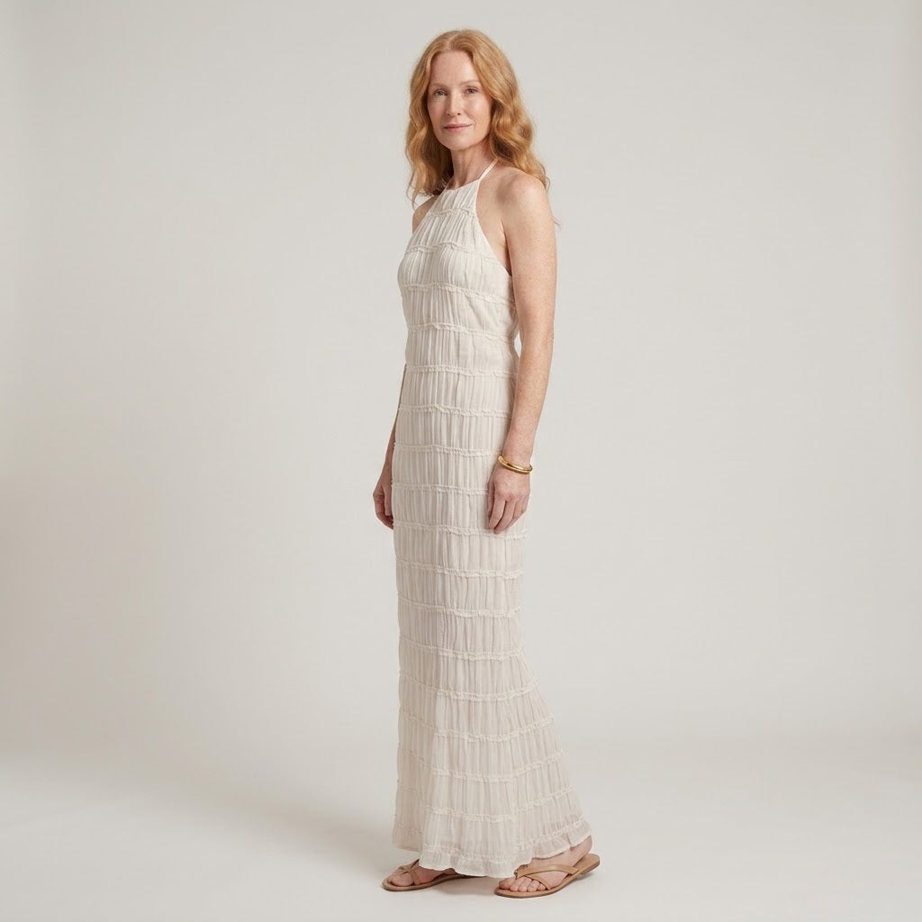 Women's White Halter Neck Maxi Dress — Textured Sleeveless Wedding Guest & Occasion Dress