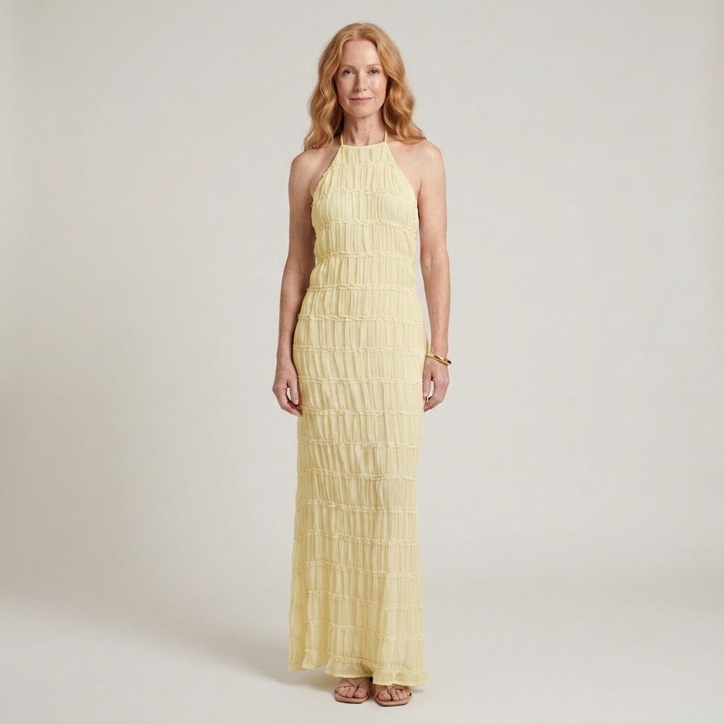 Women's White Halter Neck Maxi Dress — Textured Sleeveless Wedding Guest & Occasion Dress